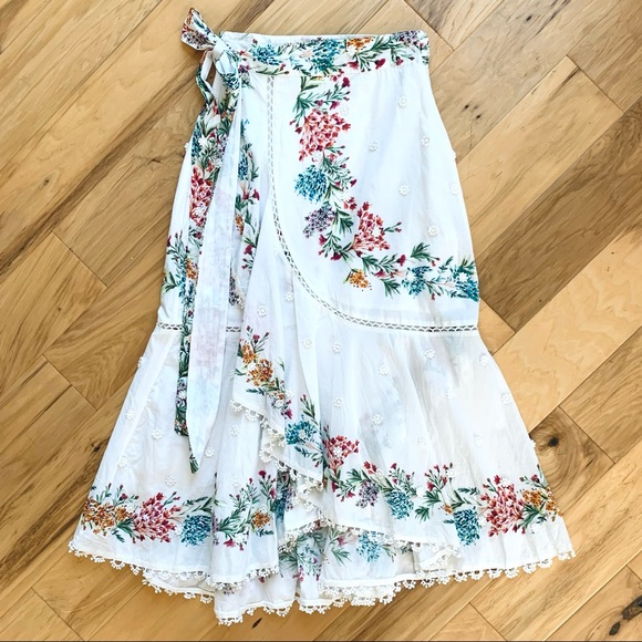 Farm Rio Sz S Louise Wrap Skirt White Floral Midi Ruffle Botanical Print Cotton - Picture 3 of 12